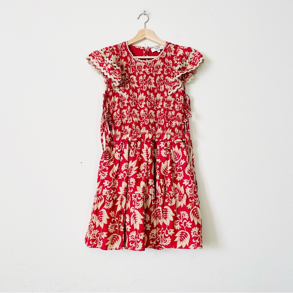 Sea New York MEDIUM Linda red floral print smocked flutter sleeve mini dress - Picture 2 of 6